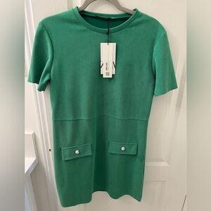 Zara Green shift dress with gold button details.
